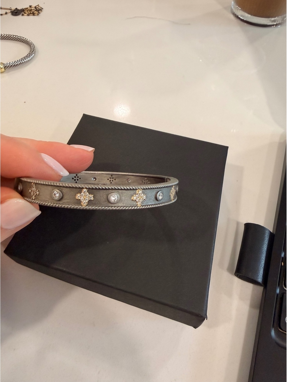 Freida Rothman Sterling Silver Hinged Bangle Bracelet with Crystal Accents